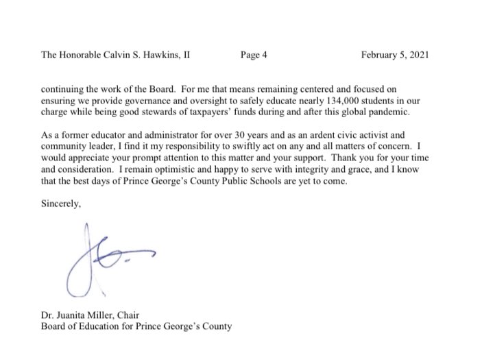 #BREAKING New <a href="/pgcps/">PGCPS</a> Board Chair Dr Juanita Miller says she has “significant ethical and legal questions” about recent contracts entered into by the school board. she is asking the board to suspend official actions until an audit is completed. Her letter to County Council below: