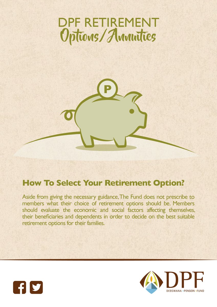 DebswanaPF's tweet photo. Planning for retirement will only be complete when you are familiar with the annuity/pension options available. You do not have to wait for retirement to understand implications of options on offer.
Familiarize yourself with annuity/pension options on offer at DPF. https://t.co/YXIJCt48kf