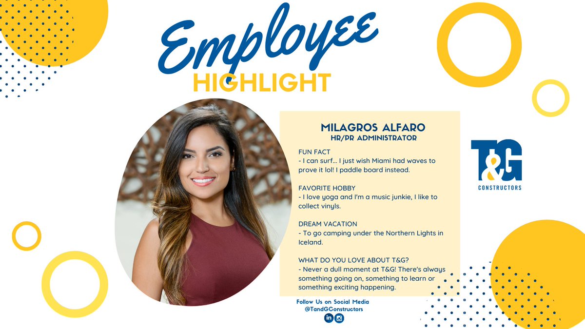 TGConstructors's tweet photo. Today we're shining a spotlight on Milagros Alfaro, MPA! Milagros is our HR/PR Administrator based in Miami. We're happy to have her as a part of our team and wanted you to meet her!

#hr #employeespotlight https://t.co/z8aXCW78oe