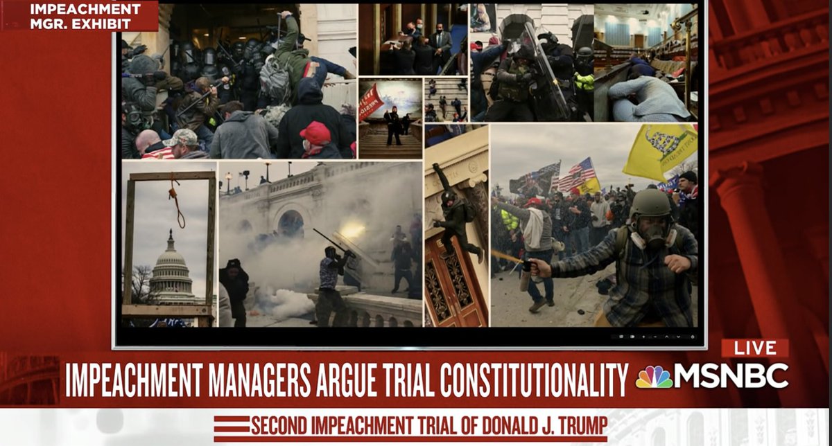 "You saw the consequences of his actions" on the video. But there are also damage to our constitution. "He incited an armed angry mob to riot and not just anywhere" but in the seat of our government interrupting the peaceful transfer of power for first time in our history40/