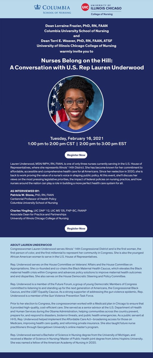 #ColumbiaNurses: join us for a special event next Tuesday, 2/16 at 2pm EST: “Nurses Belong on the Hill: A Conversation with U.S. Rep Lauren Underwood,” hosted in collaboration with <a href="/UICnursing/">UIC Nursing</a> and <a href="/RepUnderwood/">Rep. Lauren Underwood</a>. Register: bit.ly/3aNpX0i