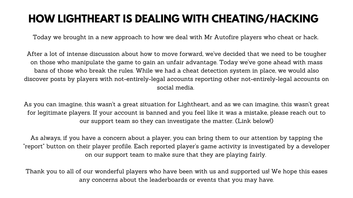 MrAutofire's tweet image. We've had a lot of questions about how we deal with cheating and hacking. It's a topic that we've always felt strongly about, as we know the majority of our players do too. Today we've taken a tougher stance...