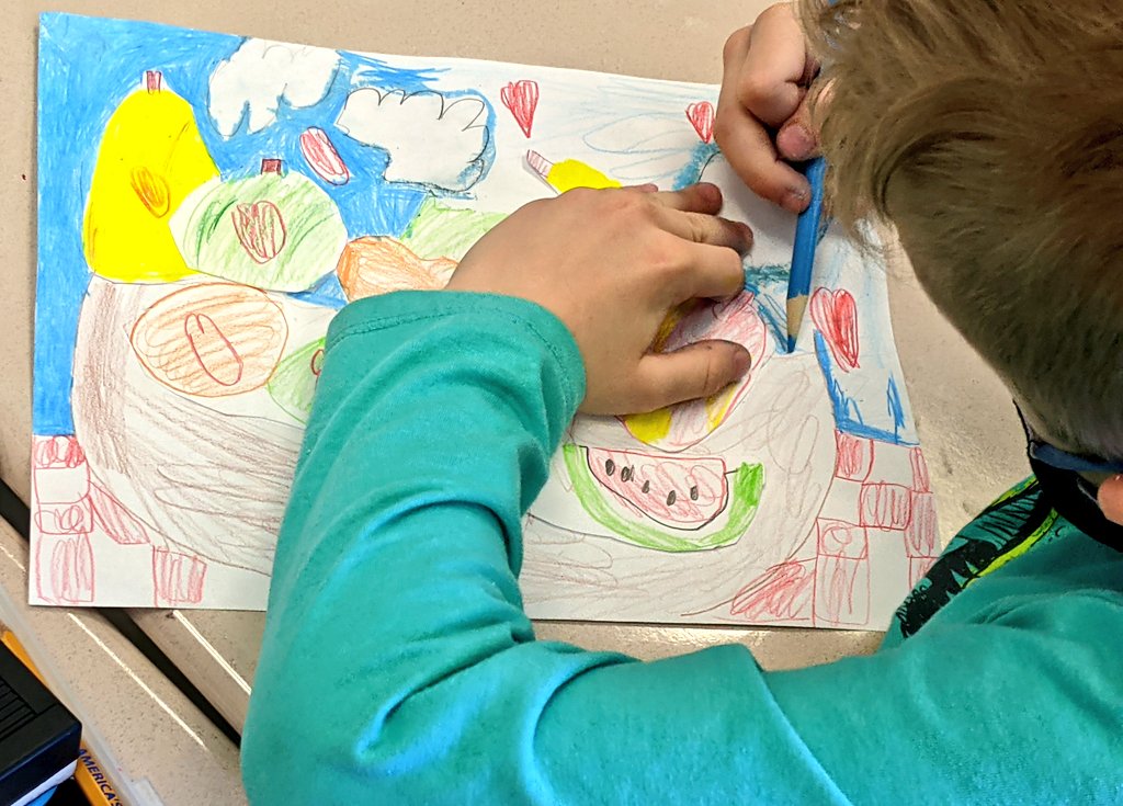 - a little late in posting, but look at these wonderful still life drawings our first grade friends made. We drew our fruit from  life and carefully cut them out and combined them to create space! <a href="/LMTSD_PRES/">Pine Road</a> #Amazing!