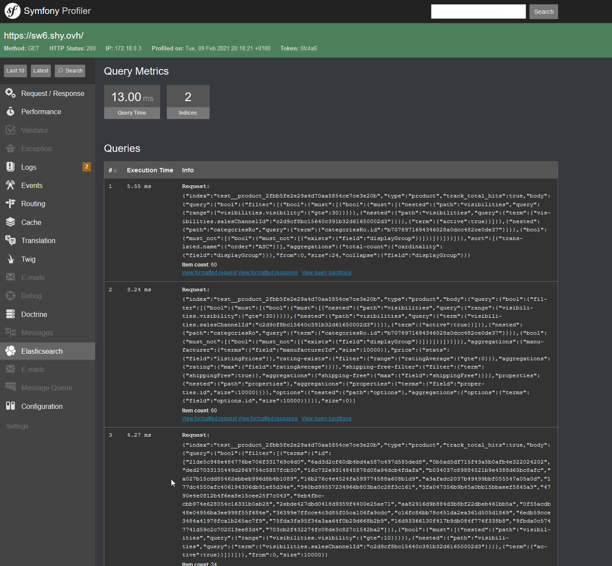 Shyim97's tweet photo. I am currently refactoring #Elasticsearch in #Shopware 6. I dump really often the Query to see what happens on Elastic side. This bored me and I wrote a DataCollector for #Symfony. It's now much easier to see what happens in background https://t.co/Q2bsrMOjS6