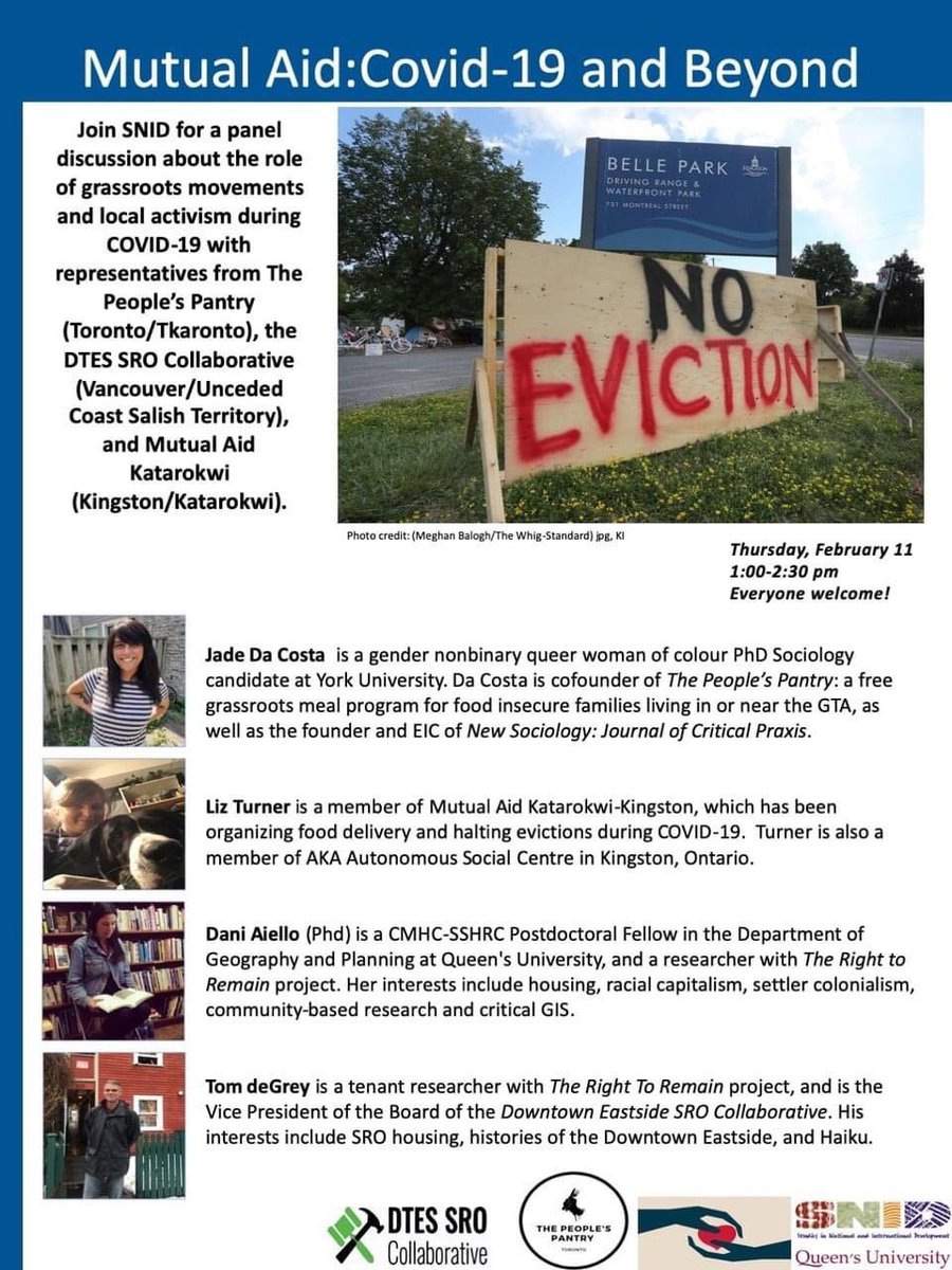 R2Rvancouver's tweet image. Save the date: R2R team members Dani Aiello and Tom deGrey will be be featured speakers on Queen’s University’s SNID panel discussion of mutual aid and the COVID-19 pandemic on Thursday, February 11th at 1:00pm EST. You can access the Zoom link here:

facebook.com/51220767554251…