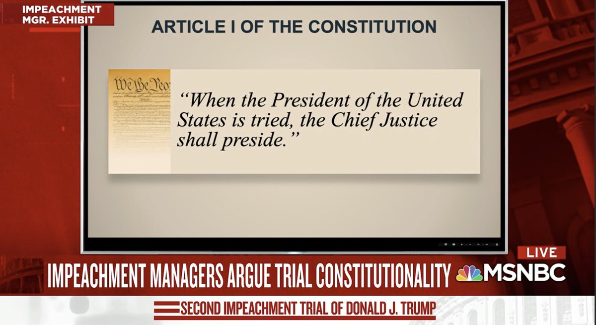 Also, it does not matter that the Chief Justice is not presiding over the trial. There is only one person who is President of the United States at a time. That is Joseph R. Biden. So, the president pro tempore of the Senate, Patrick Leahy will preside.45/