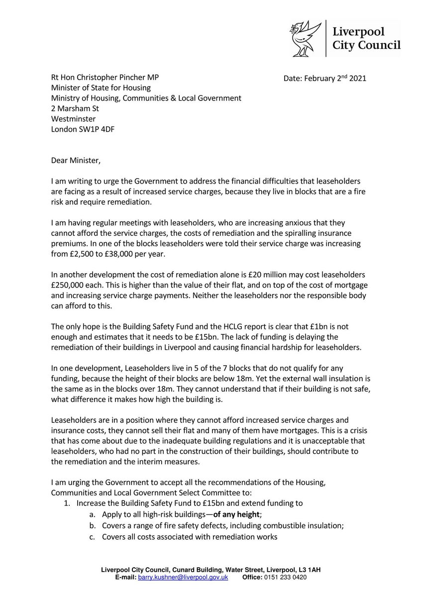 bazkush's tweet image. My letter to the Housing Minister insisting that leaseholders pay nothing to replace fire risk cladding, including those living in blocks under 18m high @IanByrneMP @KimJohnsonMP
@MetroMayorSteve @lvplcladiators @CllrWendySimon @CllrAnnaRothery