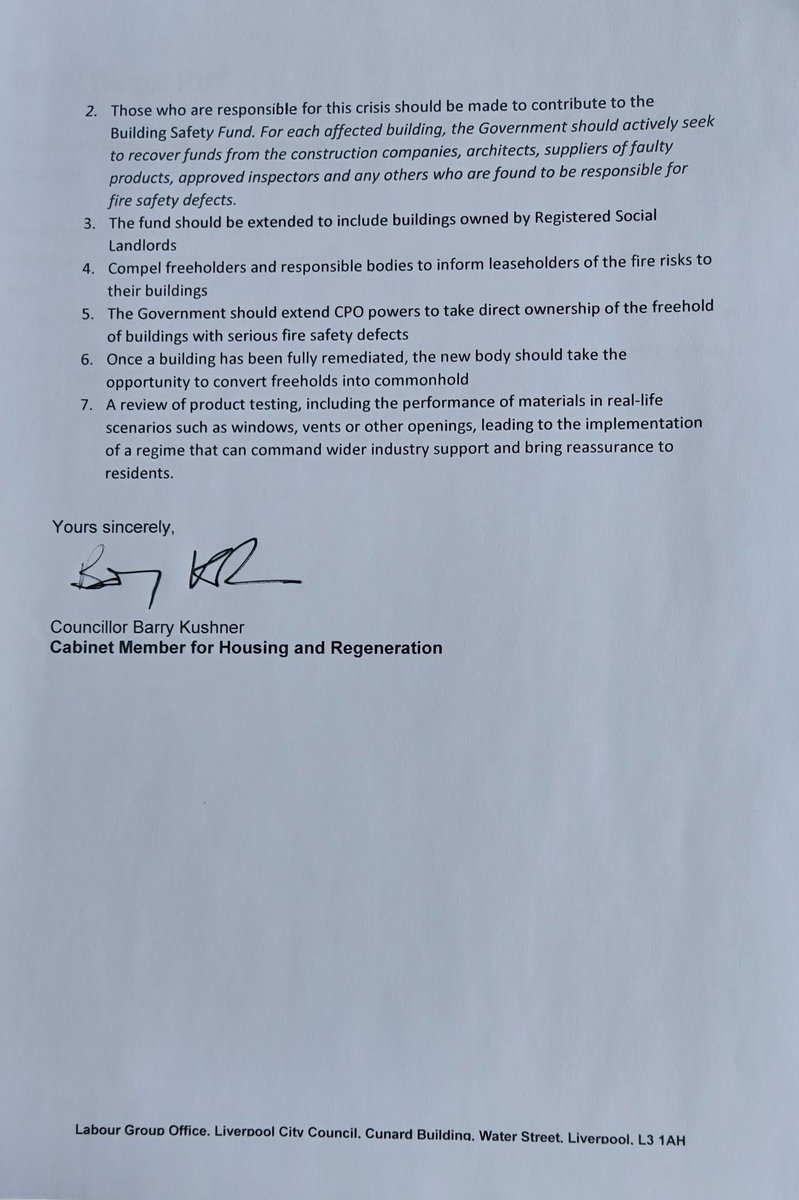 bazkush's tweet image. My letter to the Housing Minister insisting that leaseholders pay nothing to replace fire risk cladding, including those living in blocks under 18m high @IanByrneMP @KimJohnsonMP
@MetroMayorSteve @lvplcladiators @CllrWendySimon @CllrAnnaRothery