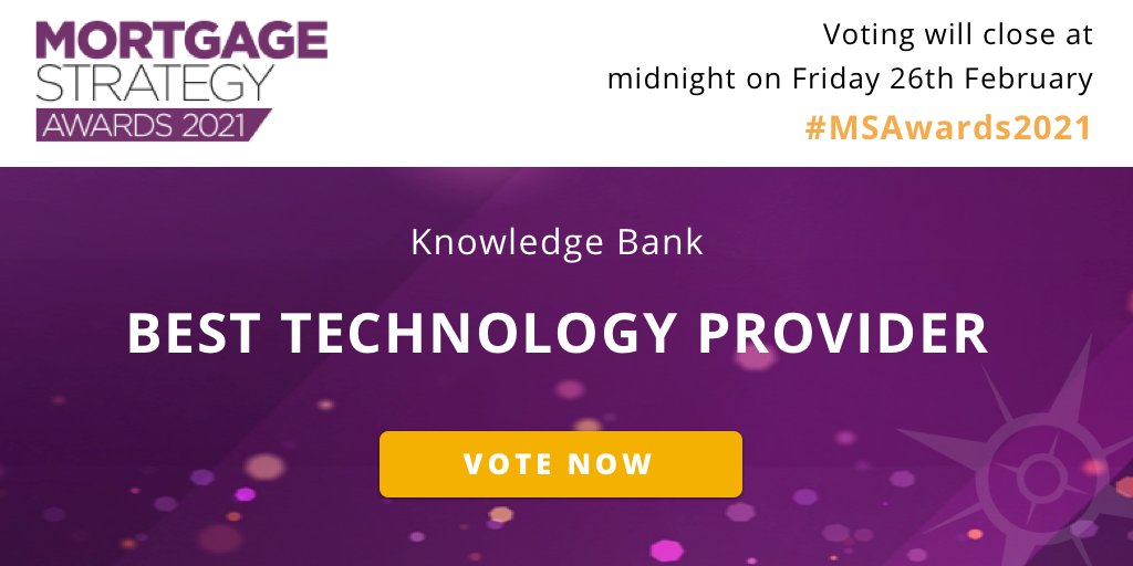 KnowledgeBankUK's tweet photo. The time has come back around, and @KnowledgeBankUK are delighted to once again be nominated for #BestTechnologyProvider in the @MortgageStrat 2021 Awards!

If you feel we deserve your vote, you can register and vote here - https://t.co/kwHOf8aY7B

#MSAwards2021 #TeamKB https://t.co/Cv1OxWzpGK
