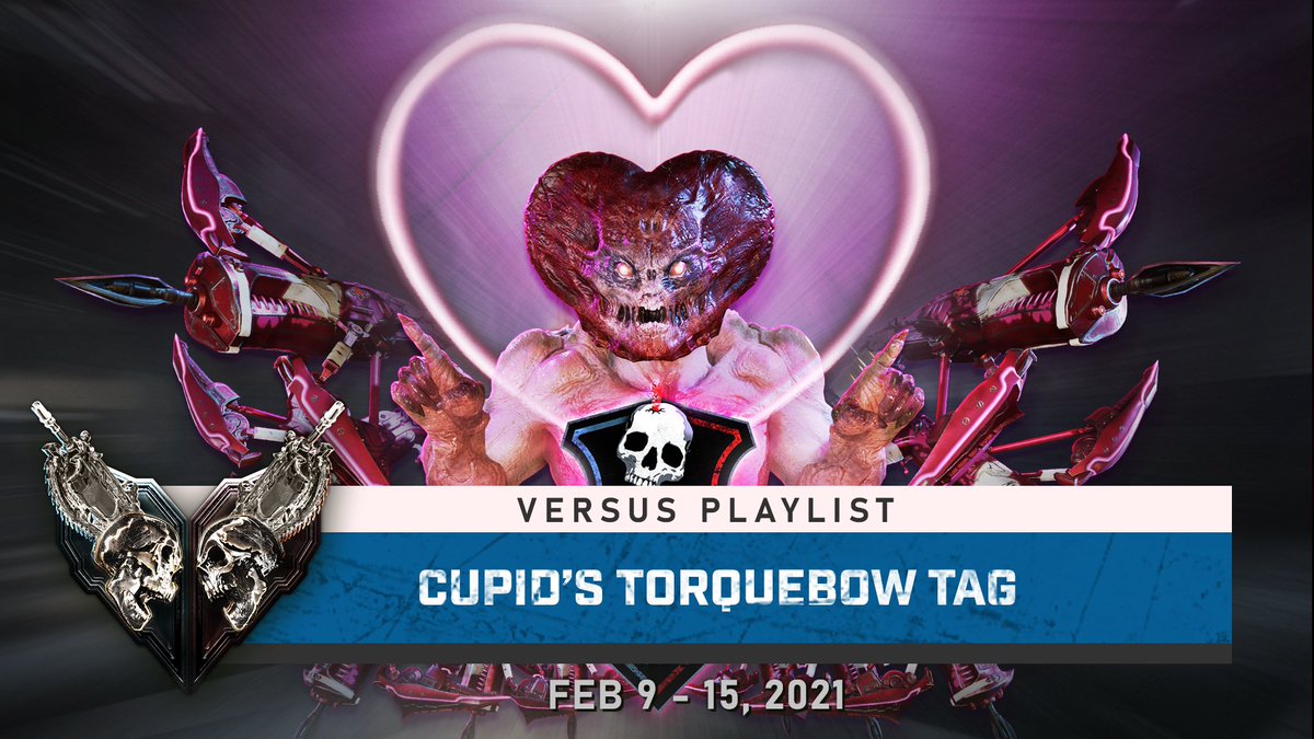 Promo para la lista de Enfrentamiento:  Arco Explosivo de Cupido. Iamgen de un Locust con una cabeza con forma de corazón en medio de varios Arcos explosivos. El logo de Enfrentamiento se ve en pantalla con el texto. Versus Playlist: Cupid's Torquebow Tag, February 9 - 15, 2021. (Lista de Enfrentamiento: Arco Explosivo de Cupido, 9 - 15  febrero de 2021).