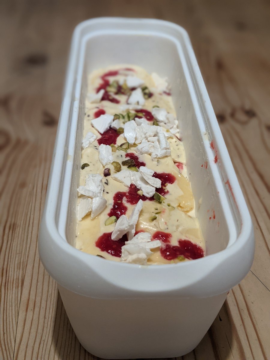 My attempt at making <a href="/MoomaidofZennor/">Moomaid of Zennor</a> Moomaid Mess ice cream - vanilla ice cream with raspberry swirl, dark chocolate, meringue and pistachios.