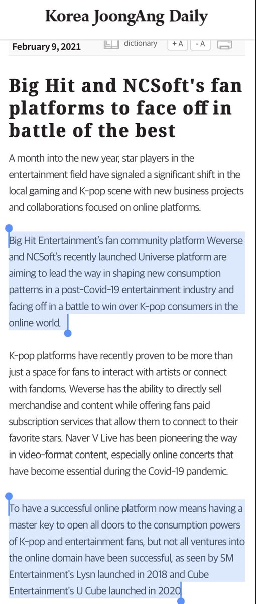 This is a good (long) article on BH Weverse platform wars“One of the biggest issues in the entertainment industry in 2021 will be who will take the lead in the fan community platform market...The Naver-BH deal signifies something even bigger...Not only does this solidify +