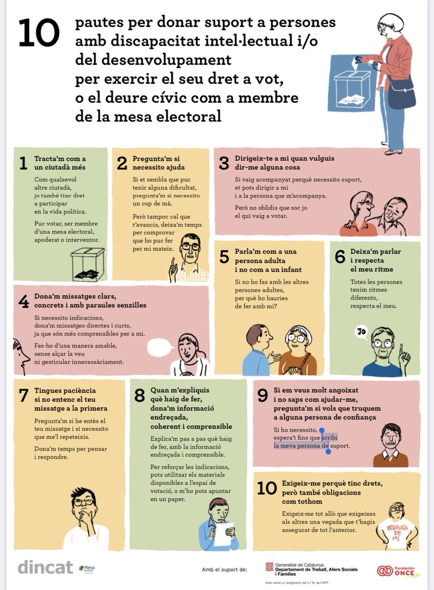 Les persones amb #disCapacitat intel·lectual han de poder votar per sí mateixes. I per això, és responsabilitat de tothom garantir-ne l'accessibilitat. Des dels partits amb els programes, fins els membres d'una mesa amb 10 pautes com aquestes⬇️ #NoSomInvisiblesTenimVot  <a href="/_dincat/">Dincat</a>