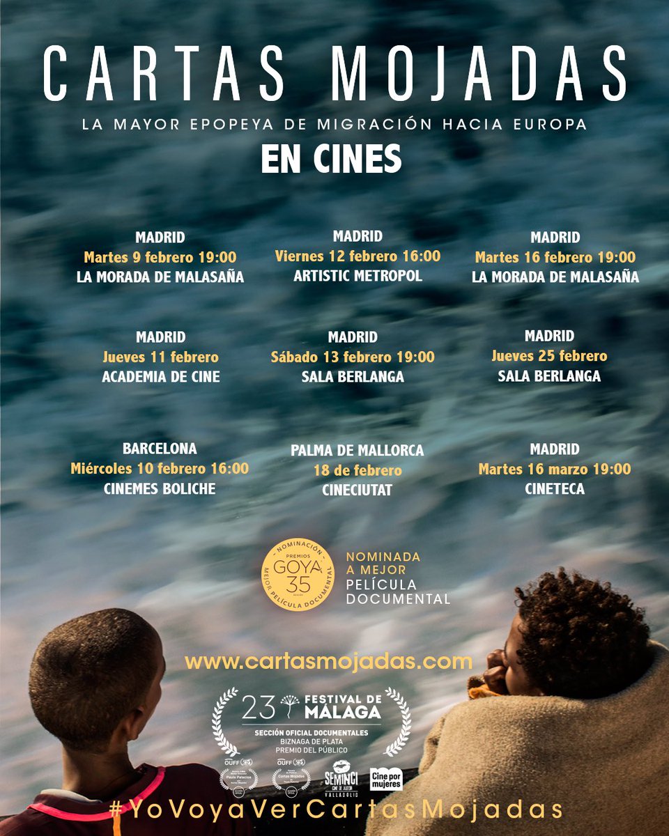 Más cines para ver <a href="/CartasMFilm/">Cartas Mojadas Film</a>
.
#CartasMojadasFilm #CartasMojadas #Migracion #Europa #Libia #Med #blacklivesmatter✊🏽✊🏾✊🏿 #OpenArms #ElBarcoRojo #NOaEstePactoMigratorio
#PremiosGoya2021 #35PremiosGoya #YoVoyaVerCartasMojadas #PremiosGoya #Goya2021