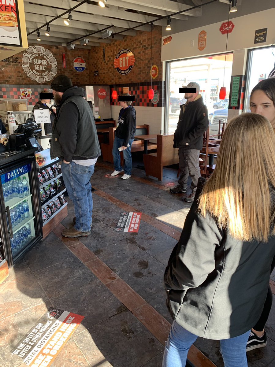RCSDFeminist's tweet photo. Jimmy Johnβs Rapid City, SD on 2-9-21. 6 unmasked customers to my right and one more unmaksed to my left. It was just me and the employees masked up. How rude do you have to be? I could leave. Employees can not. Stop trying to kill front line workers!! #maskupsd #StopTheSpread https://t.co/uPnBdbODpy