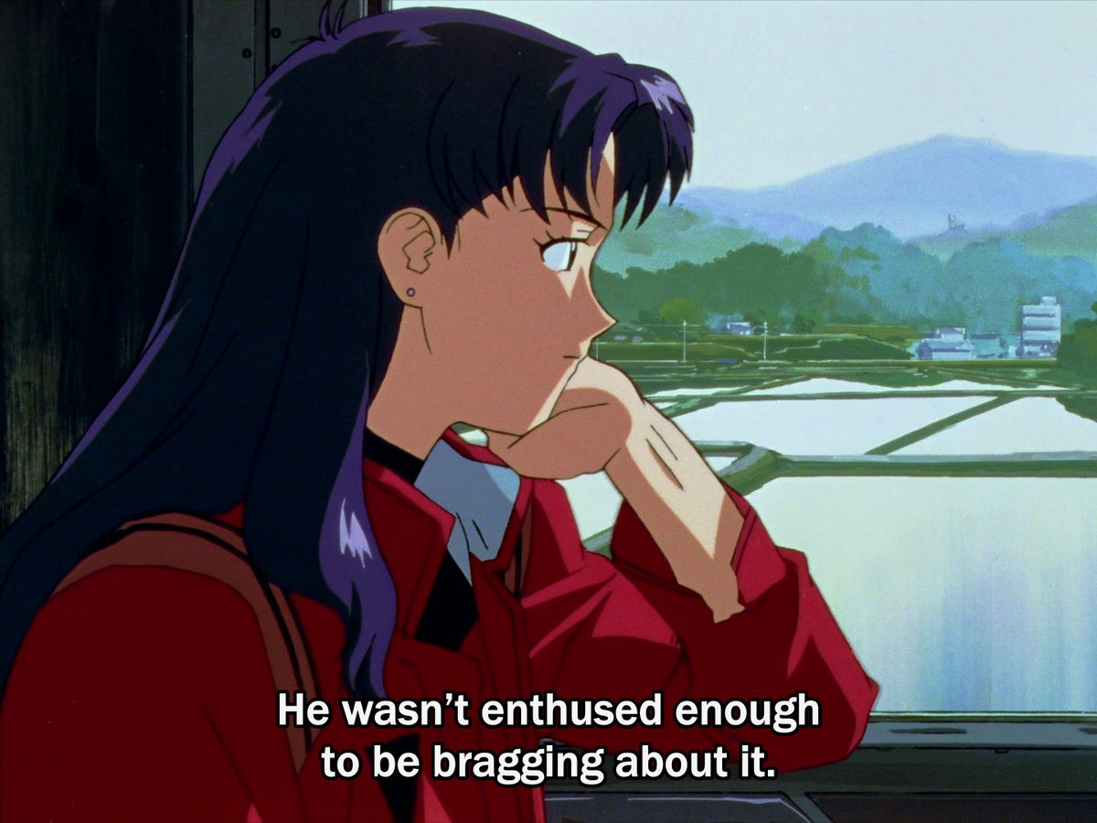 misato, worried abt how SHE will tell shinji; asuka, angry 2 be equated w/  toji; shinji, oblivious; kensuke, self-focused+wanting to pilot; rei,  reaches out to toji. toji, using piloting as currency 2, image size:1200x900