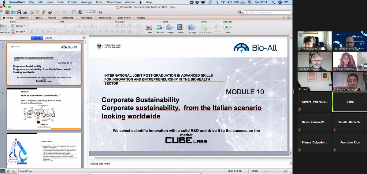 Daria Brambilla, from <a href="/CubeLabs_com/">Cube Labs</a> is presenting right now Module 10 about #Corporate #Sustainability.

Posgraduation designed at <a href="/BioAllGearbox/">Bio-All</a> project covers all topics of interest for #BioHealth #entrepreneurs, as we are showing in this 3rd Train the Trainer Day.