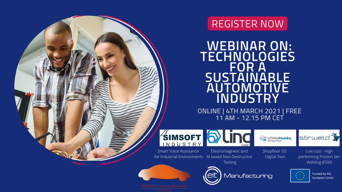 MobinovPt's tweet photo. 🗣Webinar “Technologies for a sustainable Automotive Industry”.
4th March 2021 (from 11.00 to 12.15 CET)

➡️Register here: https://t.co/1tA1y8esJO https://t.co/cB8AJWkk6E