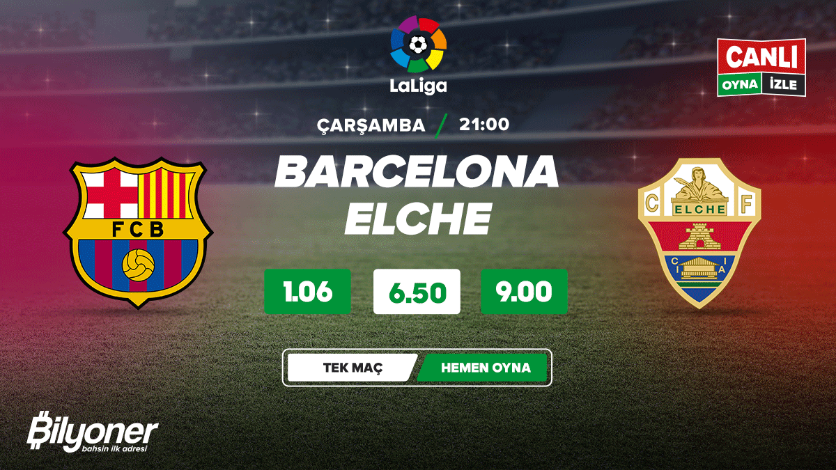 🇪🇸 #LaLiga Bilyoner’de, CANLI OYNA & İZLE!
✨ PSG yenilgisi ve Cadiz beraberliğiyle zor günler geçiren Barcelona, düşme hattındaki Elche karşısında...
👉 https://t.co/wGKE4Zn08Q https://t.co/PrymaIbdyH