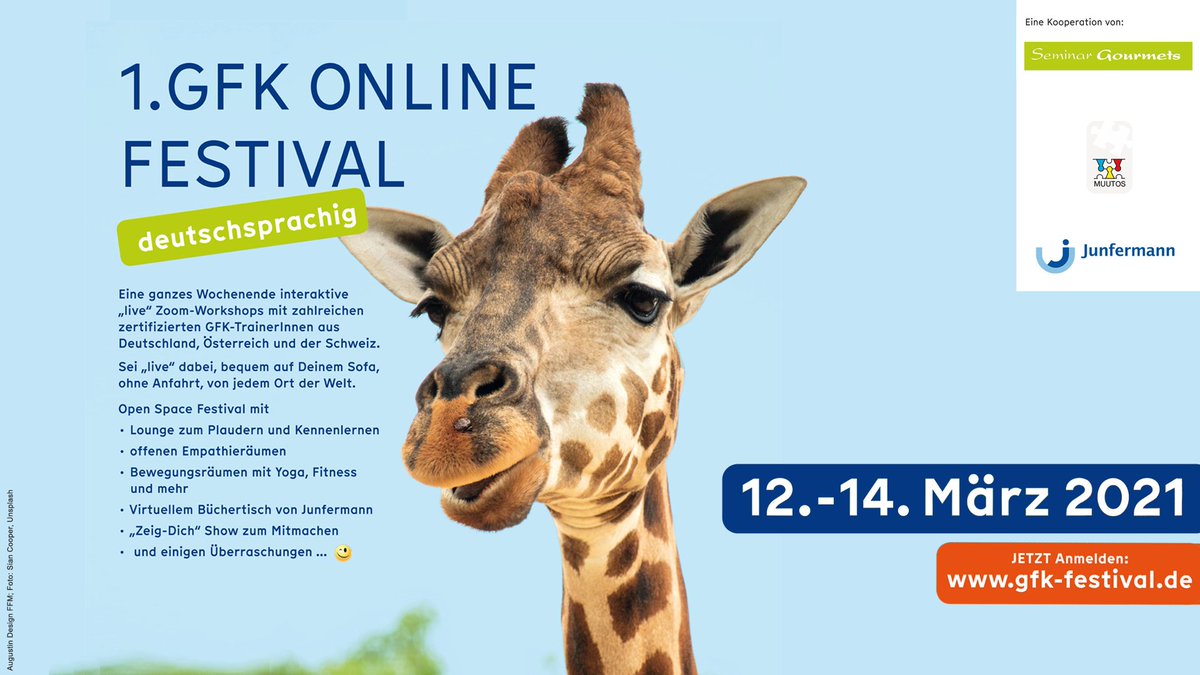 Save the Date: Vom 12.-14. März findet das 1. Online-Festival zur Gewaltfreien Kommunikation statt: Workshops, gemeinsam feiern, tanzen, Empathie austauschen ... Sei dabei! gfk-festival.de/?giraffe=5 #GFKFestival