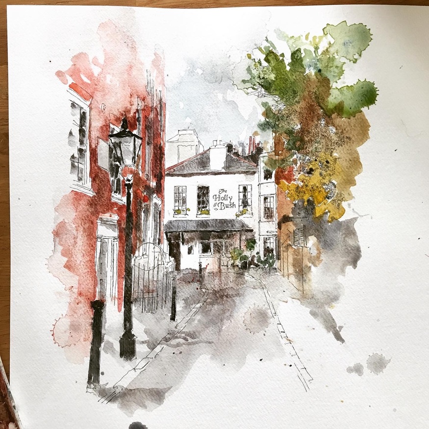 Londonist's tweet photo. Mildly obsessed with this architect's watercolours of London buildings - seriously intricate, and a mix of famous buildings and beautiful hidden parts of the city 💕

https://t.co/kt72F08P0c 

Image: @TheHollyBushPub in #Hampstead by Christian Coop. https://t.co/nEV2rpTbPx