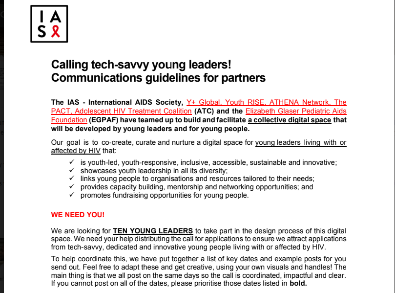 Do you know a young tech-savvy leader working in the #HIV response? <a href="/iasociety/">IAS - the International AIDS Society</a> is looking for 10 YOUNG LEADERS to take part in the design process of a digital space for #youngpeople. bit.ly/3rWpCPO <a href="/IASociety/">IAS - the International AIDS Society</a> #YouthVoices #DigitalHIVresponse #ShareYourLeadership