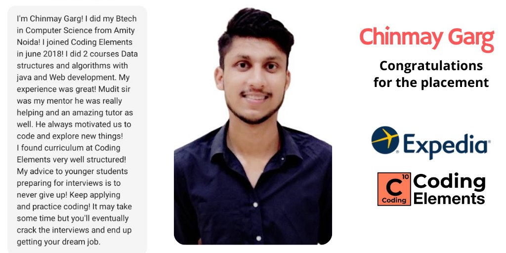 CodingElements's tweet image. Chinmay Garg got placed at Expedia! He studied Data Structures and Algorithms in Java and Web Development Courses at Coding Elements. We are proud of his achievement.
Develop your logic, become strong in coding and prepare for interviews.
bit.ly/37EsuZF
#codingelements