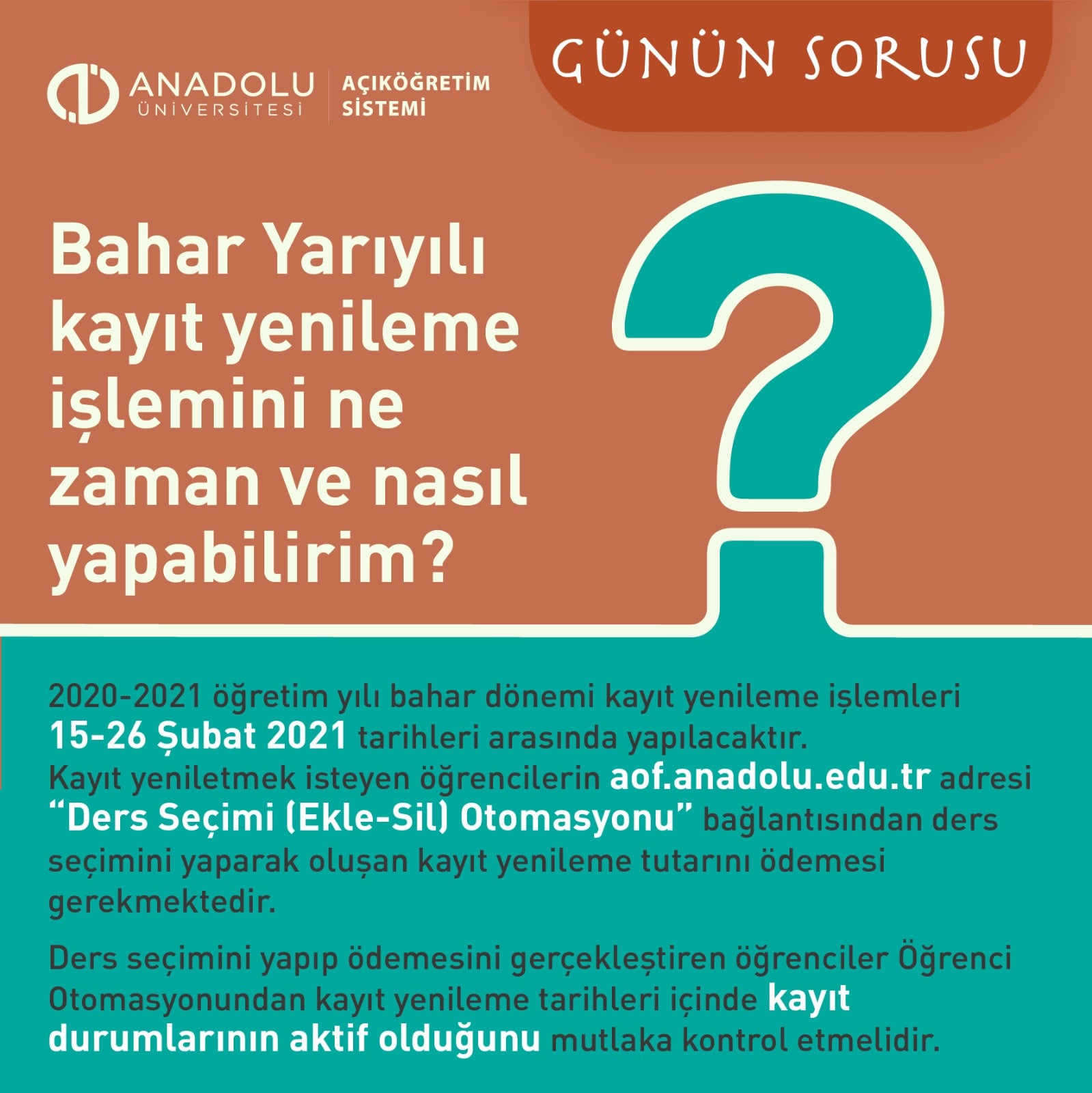 aof on twitter anadolu universitesi bahar yariyili kayit yenileme islemleri 26 subat 2021 saat 23 30 da sona erecek bu tarihten sonra kayit yenileme yapilamayacaktir kayit yenileme islemleri https t co qzppqf7gs3 https t co ddgq1nka7e twitter