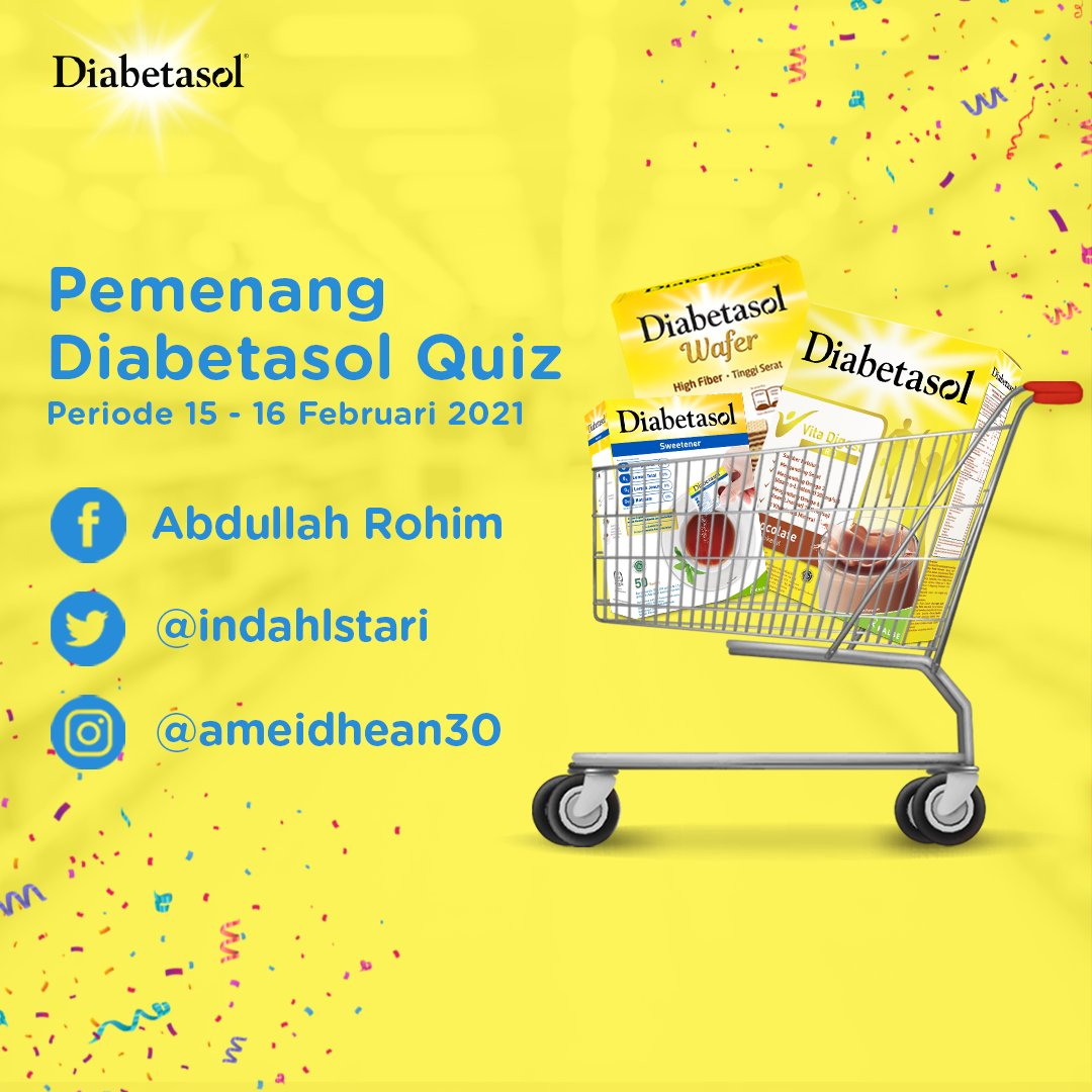 Kepada para pemenang, mohon kirimkan data diri (nama, alamat lengkap, dan nomor telepon) melalui inbox FB Diabetasol.

Jaga gula darah Anda #BersamaDiabetasol.