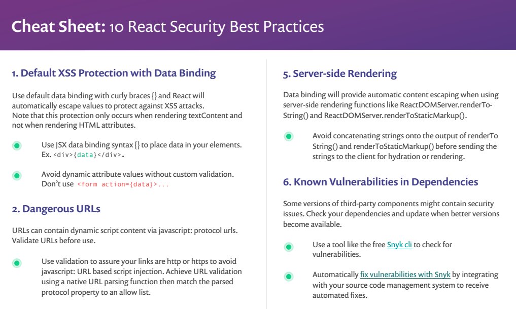 Smashing Magazine 🇺🇦 🏳️‍🌈 on X: React security best practices, a  cheatsheet by @snyksec. – Default XSS protection with Data Binding – Direct  DOM access – Rendering HTML – SSR – Vulnerabilities