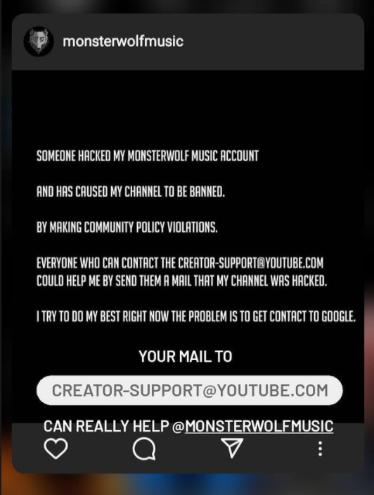 RaghavDabra4's tweet photo. Pls help Monster Wolf music 
Their channel was hacked and someone caused issues which further caused policies and community guidenlines banning their channel.
#MonsterWolfMusic
I request youtube to please help out my guy Monster Wolf @YouTube @YouTubeCreators @youtubemusic https://t.co/p3eTYrWXrn