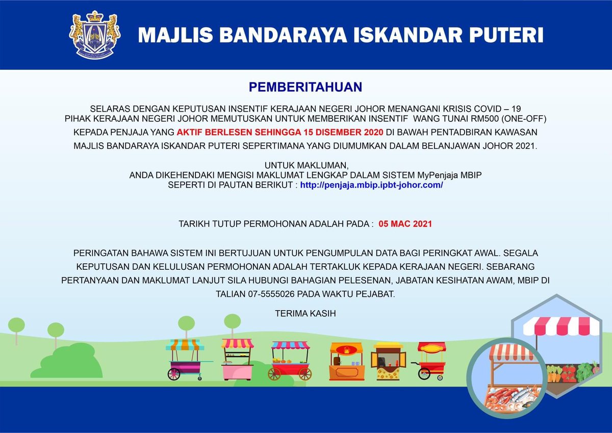 Tan Hong Pin 陈泓宾 On Twitter Usahawanskudai Para Penjaja Berlesen Aktif Sehingga 15 Disember Di Bawah Kawasan Pentadbiran Majlis Bandaraya Iskandar Puteri Boleh Memohon Insentif Wang Tunai Rm500 One Off Daripada Pautan