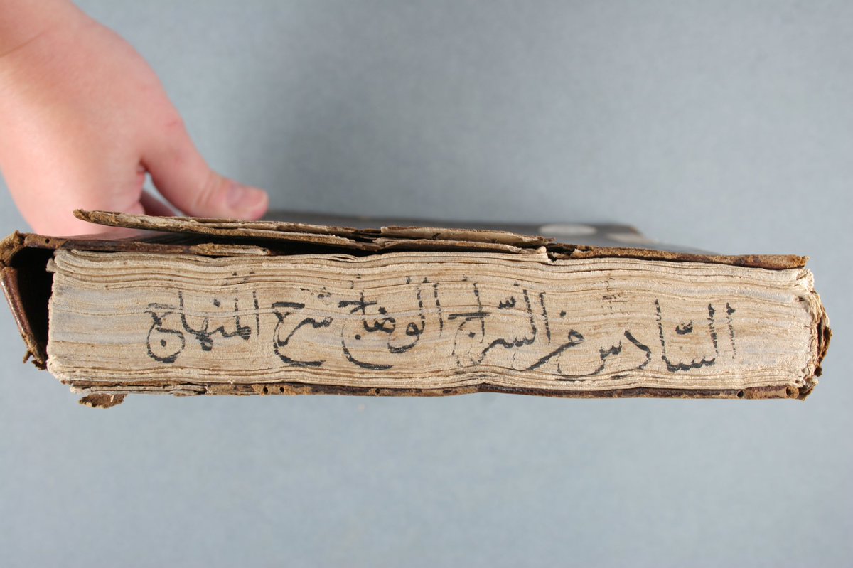 iamkristinesr's tweet photo. This beautiful Mamluk binding has had a hard life, but the carefully pressure tooled mandorla is still pristine. There’s a lovely title on the tail edge too 📚 @CBL_Dublin Ar 5511, The Shining Lamp, 875/1471 #MidweekMandorla #MidweekManuscript https://t.co/CCu1HHfVL4