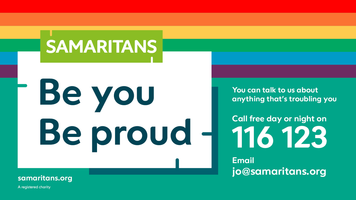 samaritans's tweet photo. We offer a safe place for you to talk any time you like. We won't judge you or tell you what to do, we'll listen to you ❤️ 🧡 💛 💚 💙 💜 #LGBTHM21 https://t.co/rdBSHnKjRh