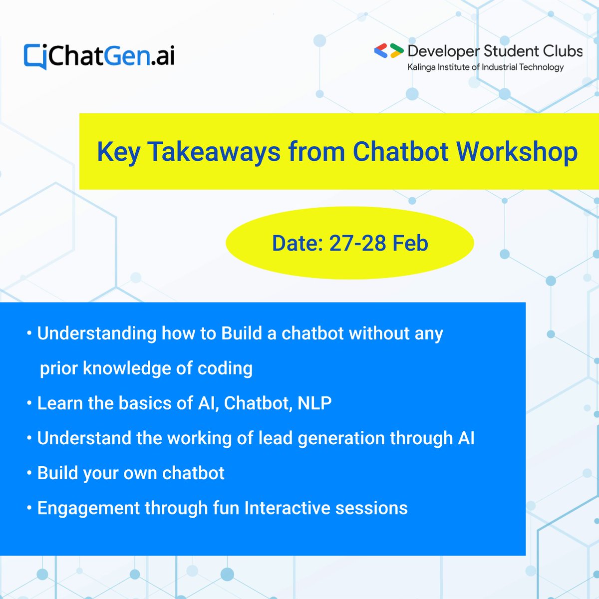 gdgkiit's tweet photo. Adoption of Conversational AI is rapidly changing the customer experience and engagement landscape in the digital world.
Have you ever wondered how one can build #chatbots?
Register now👉
https://t.co/ZG7DIiR2gh
@GoogleDevsIN @ChatGen1 @KIITUniversity
#AI #dsckiit #workshop https://t.co/fYRii7BQGT