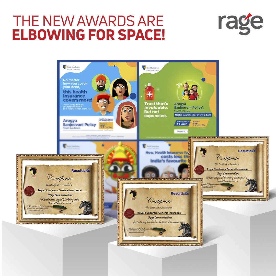 RageComm's tweet image. The shelf only keeps expanding &amp;amp; trophies struggle for space as Rage’s stellar work for @royalsundaram brings in 3 awards at the BFSI Digital Stallions Awards - Excellence in Digital Marketing, Best Integrated Marketing Campaign &amp;amp; Best Use of Facebook in the #GeneralInsurance .