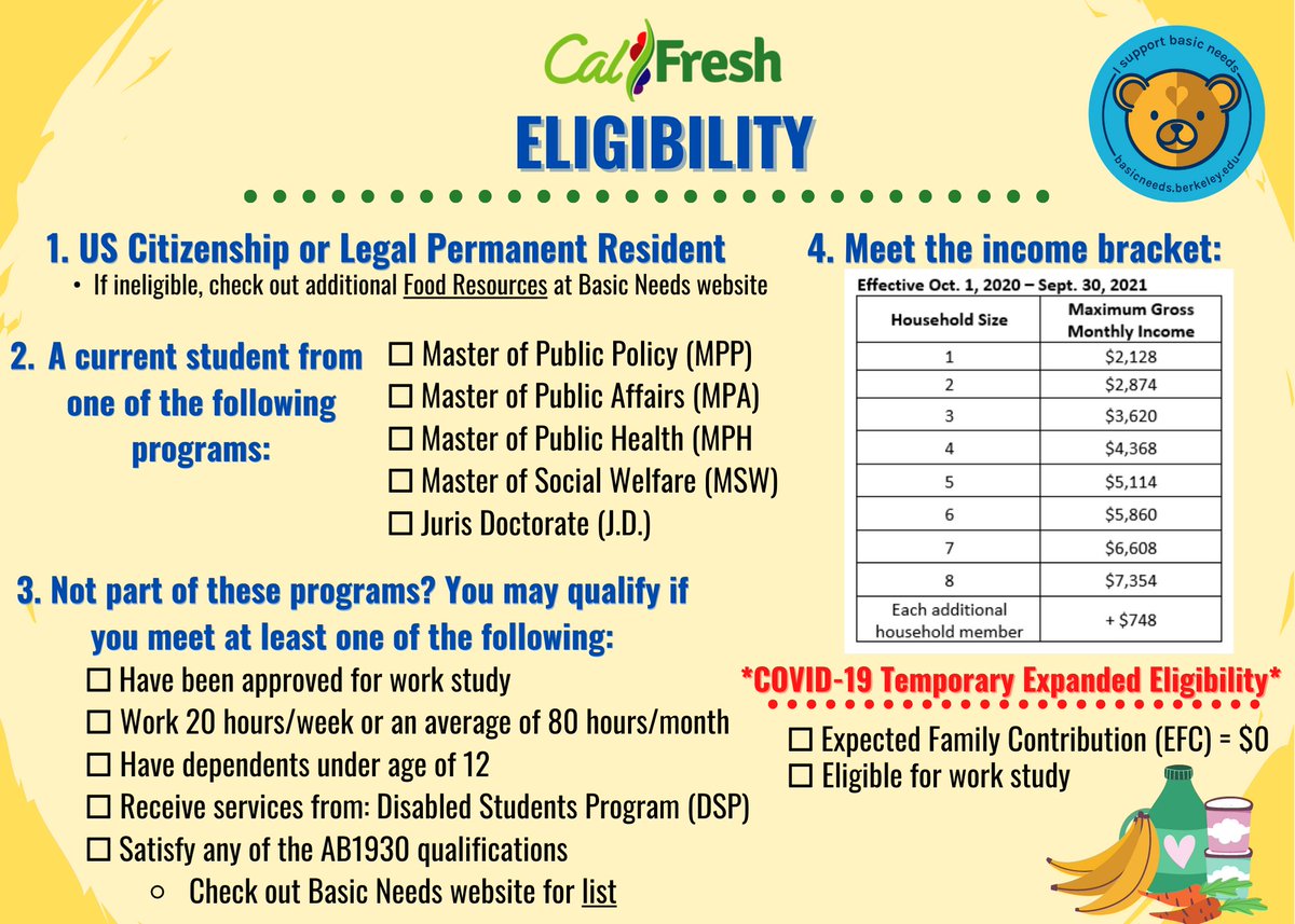 UCB_basicneeds's tweet photo. ⭐️ CalFresh has newly eligible graduate programs! Students in  MPP, MPA, MPH, MSW, or JD programs are now eligible for benefits &amp; no longer need to meet the hourly work requirement! Let the county staff or ambassador know that you are part of the mentioned programs when applying! https://t.co/vriEQML8tO