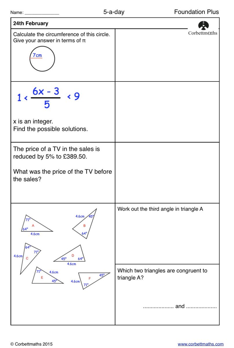 Corbettmaths's tweet photo. Studying for Higher GCSE Maths? Try today's Foundation Plus, Higher &amp; challenging Higher Plus #maths5aday answers: https://t.co/n50J7L6LD9 https://t.co/dSuhTi1bvR