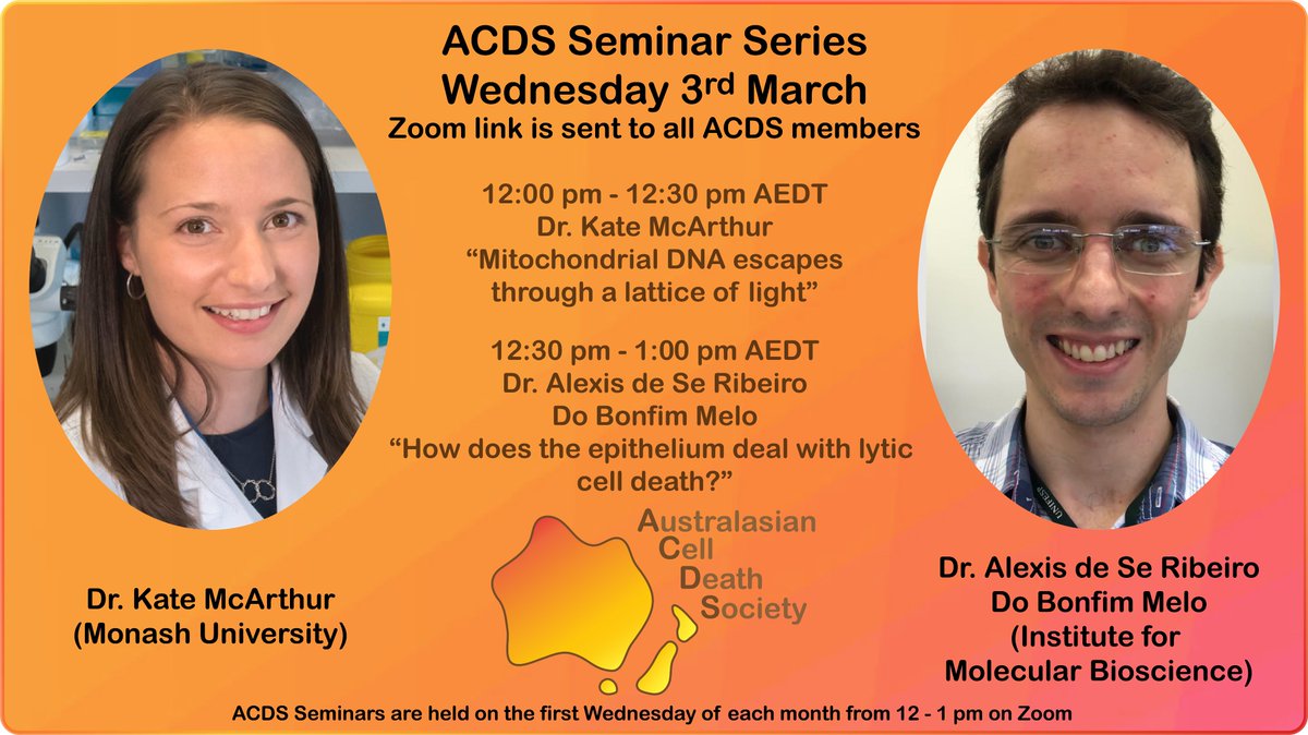 Australasian Cell Death Society (@auscelldeathsoc) on Twitter photo Tune in to the #ACDS monthly seminar lined up for Wednesday the 3rd of March‼️
We are thrilled to have <a href="/_drkatemc_/">Kate McArthur</a> from <a href="/MonashBDI/">Monash Biomedicine Discovery Institute</a> and <a href="/BonfimMeloA/">Alexis Bonfim-Melo, PhD</a> from <a href="/IMBatUQ/">Institute for Molecular Bioscience</a> join us to present their research. 🔬👏 Tune in to the #ACDS monthly seminar lined up for Wednesday the 3rd of March‼️
We are thrilled to have <a href="/_drkatemc_/">Kate McArthur</a> from <a href="/MonashBDI/">Monash Biomedicine Discovery Institute</a> and <a href="/BonfimMeloA/">Alexis Bonfim-Melo, PhD</a> from <a href="/IMBatUQ/">Institute for Molecular Bioscience</a> join us to present their research. 🔬👏