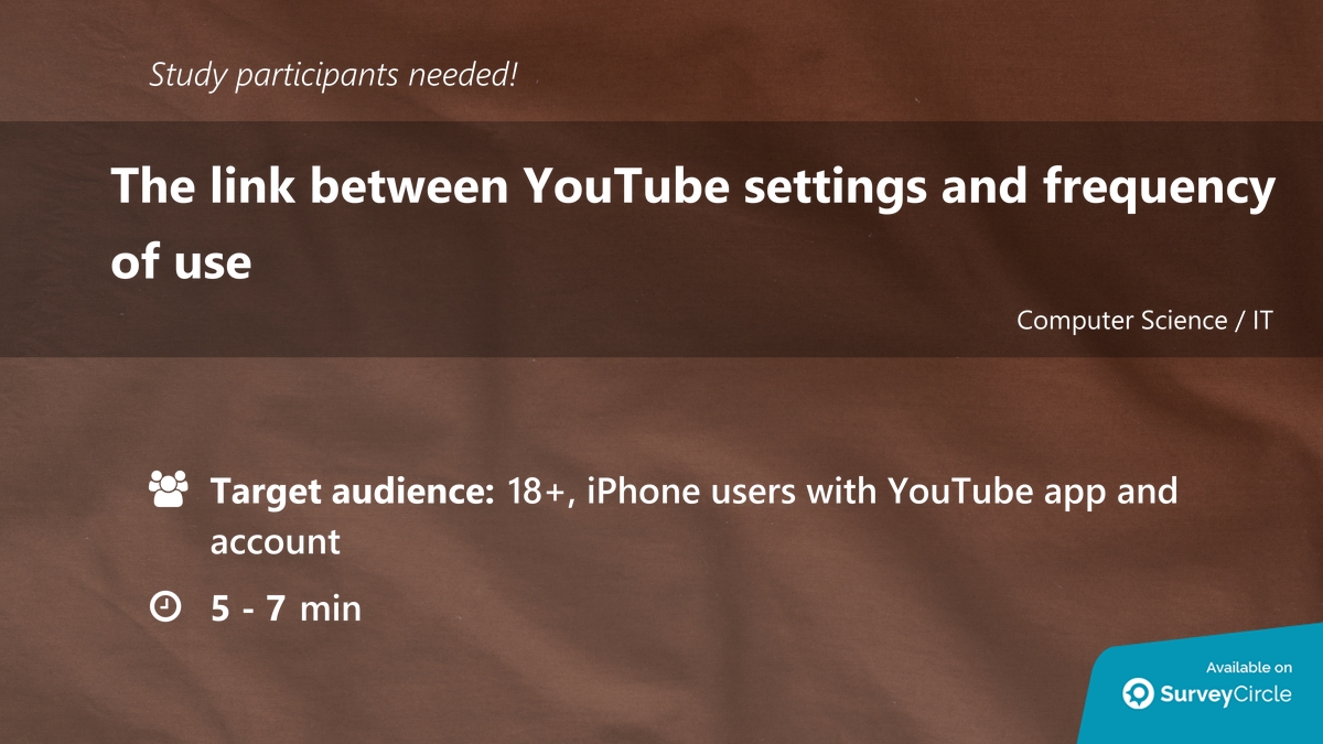 top_studies's tweet image. Participants needed for top-ranked study on SurveyCircle:

"The link between YouTube settings and frequency of use" surveycircle.com/en/surveys/?sr… via @SurveyCircle

#youtube #SocialMedia #DefaultSettings #addiction #selfcontrol #frequency #survey #surveycircle
