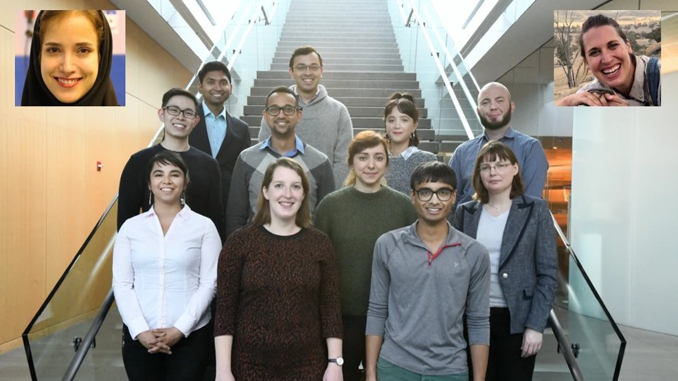 Members of the Early Career Advisory group standing on a staircase at the eLife Annual General Meeting 2020, held at Janelia Farm in Virginia. 