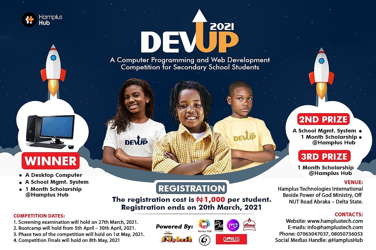 hamplustech's tweet image. This is open to all secondary school students. 

The good news is that you must not register under a school.

It is not limited to Abraka students alone!

The first of its kind in Abraka and Delta State!

#HamplusHub
#HamplusTech
#REACTDev

@HamplusHub
