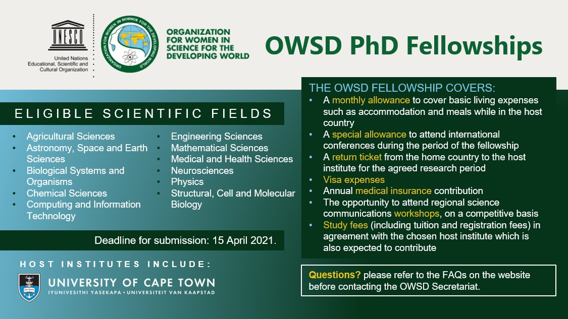 UCTpostgrads's tweet photo. Apply* for this PhD Fellowship to study @UCT_news! OWSD is for #WomenInScience for the #DevelopingWorld, a programme unit of @UNESCO. More info: https://t.co/4H5UwExOvb | @OwsdSecretariat 
(*Check the list of eligible countries in the link provided) https://t.co/6m5vZboxeT