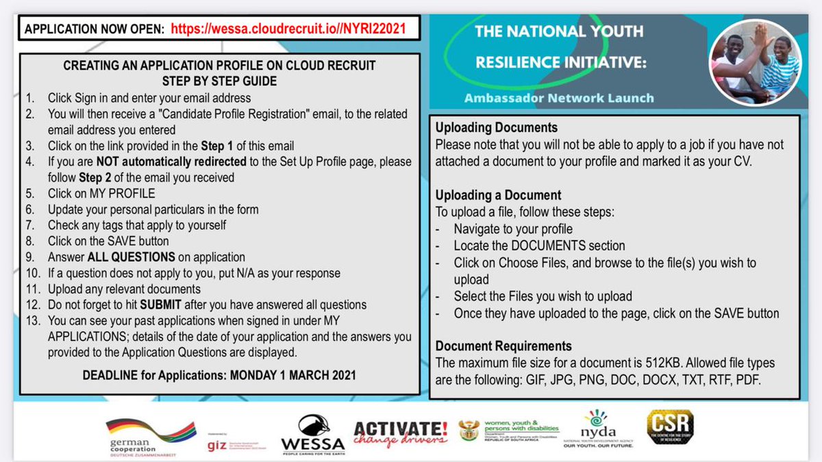 ActivateZA's tweet photo. ⚠️ ATTENTION ACTIVATORS ⚠️

NATIONAL YOUTH RESILIENCE INITIATIVE (NYRI) APPLICATIONS ARE OPEN‼️ We have noted your concerns regarding the previous link and have since corrected it. 

[LINK]: https://t.co/71MFo86utW 

📅 CLOSING DATE: 1st of March 2021

#WeDoMoreWednesdays https://t.co/i9AHz4SDtf