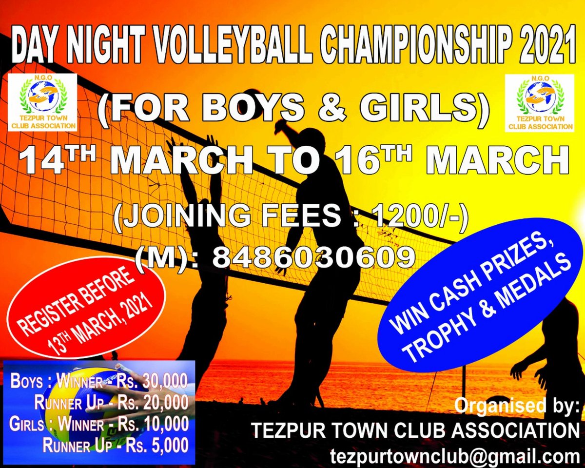 TezpurBuzz's tweet photo. Day Night Volleyball Championship in Tezpur - organised by Tezpur Town Club Association!

#Register before 13th March, 2021.
For more details, call 8486030609

#promotesports #Health #volleyball
@pallablochandas @himantabiswa @DCSonitpur 

All details attached in flyer👇 https://t.co/zrYK6qfuCX
