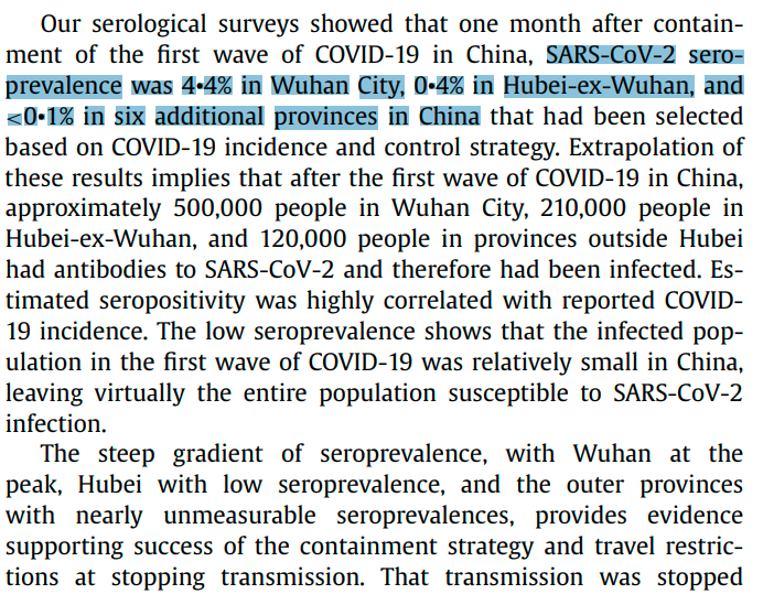 12/ELow antibody-based infection rates (i.e. seroprevalence) continued into autumn 2020 in Japan, as per 11/E, + in South Korea: https://arxiv.org/abs/2101.11991 China's seroprevalence was highest in Wuhan in spring, and <1% elsewhere: https://www.clinicalmicrobiologyandinfection.com/article/S1198-743X(20)30598-X/fulltext https://www.thelancet.com/journals/lanwpc/article/PIIS2666-6065(21)00003-1/fulltext