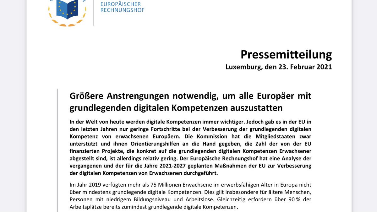 Immense Herausforderung: 

Die europäische Bevölkerung digital fit zu machen, wenn 90% der Jobs zumindest «grundlegende digitale Kompetenzen» erfordern. 🇪🇺🧑‍💻

eca.europa.eu/Lists/News/NEW…
h/t @vorinstanz