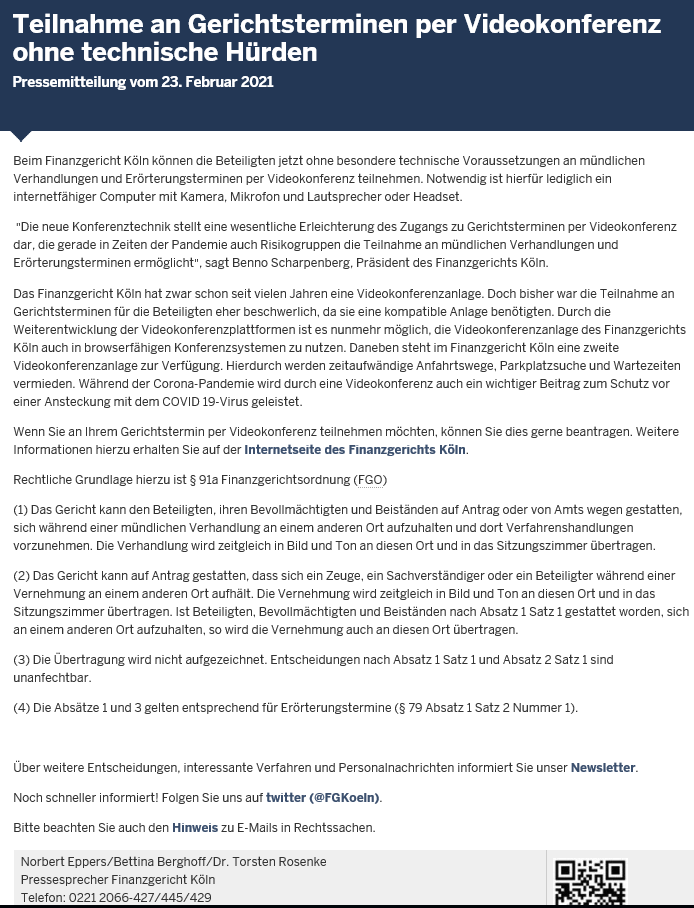 FGKoeln's tweet photo. #Teilnahme an #Gerichts|terminen per #Videokonferenz ohne technische Hürden - #Pressemitteilung des #Finanzgericht|s #Köln vom 23. Februar 2021

https://t.co/ZrX6xU4XU5 https://t.co/r9jixgiw4k