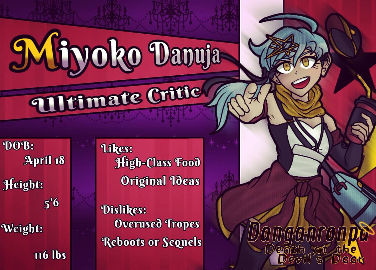 Here is our Protagonist, Miyoko Danuja, Ultimate Critic.

With an eye for all things perfection, she strives to make everything the best it can be. Just don't critique her, she's sort of a hypocrit-ic.