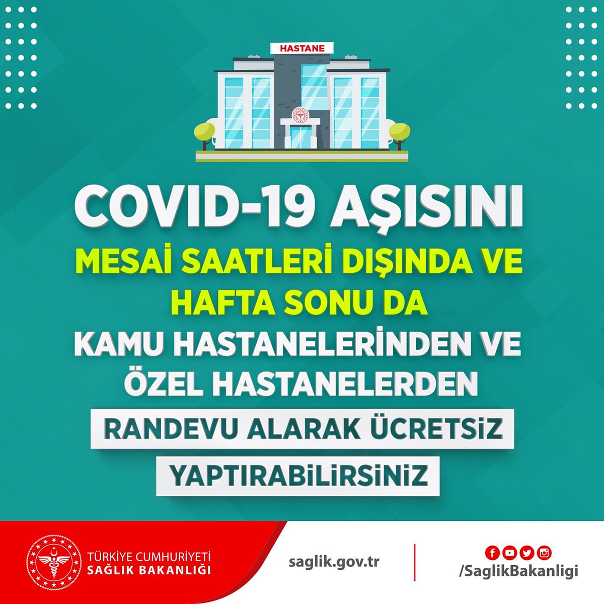 COVID-19 aşısını mesai saatleri dışında ve hafta sonu da hastanelerden randevu alarak ücretsiz yaptırabilirsiniz. Aşı sıranızı kontrol etmek ve randevu almak için enabiz.gov.tr, mhrs.gov.tr adreslerini ziyaret edebilir veya uygulamalarını kullanabilirsiniz.
